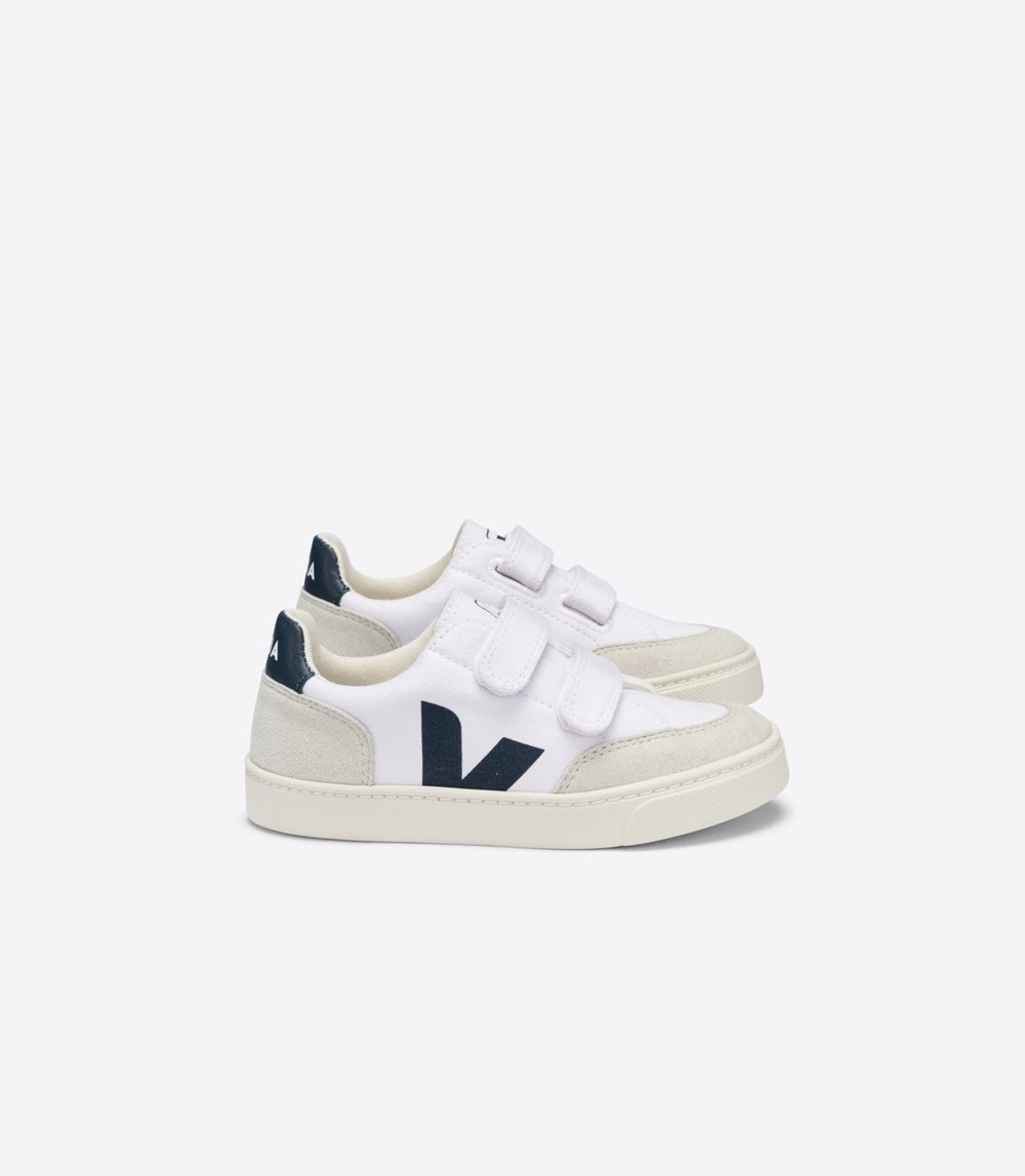 Tenis Veja Niños - V-12 Velcro Lona - Blancos/Beige - 846QEUNTP